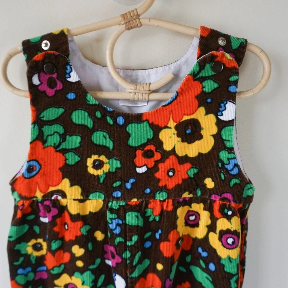Rugged‎ Bear Floral Corduroy Romper Baby 24 Months Brown Orange Retro